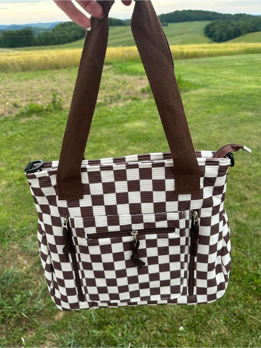 Brown & White Checker Tote Bag for Women - Stylish Everyday Carry